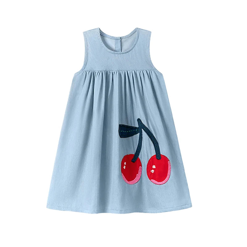 Girls' Cherry Denim Sleeveless Dress – Casual Summer A-Line Dress (2–7Y)