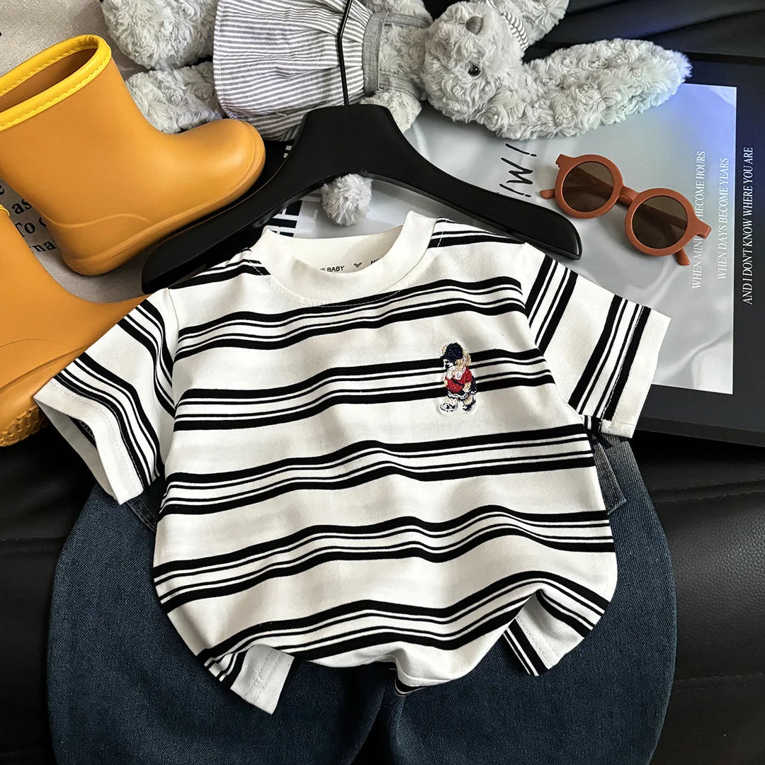 Summer Cotton Children Stripe Short Sleeve T-shirt For Boys and Girls Vintage Fashion Tops