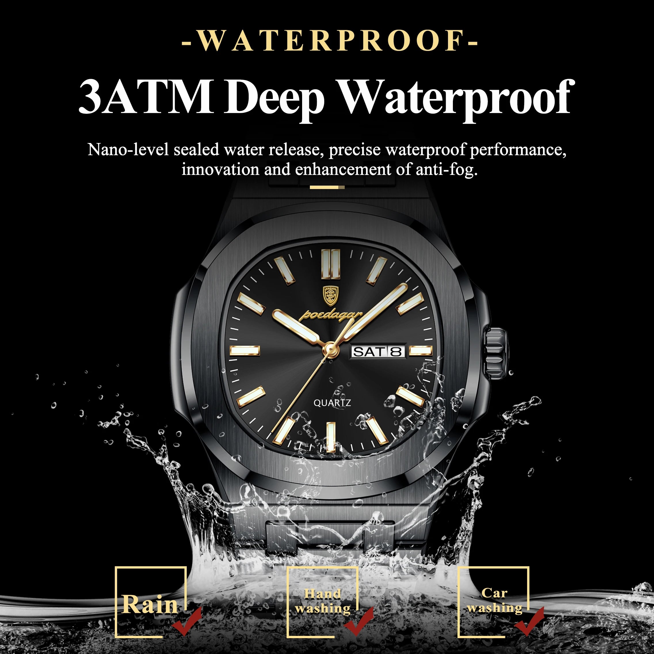 POEDAGAR Square Luxury Men Clock Waterproof Luminous Date Week Quartz Man Wristwatch Stainless Steel Fashion Men's Watches Reloj
