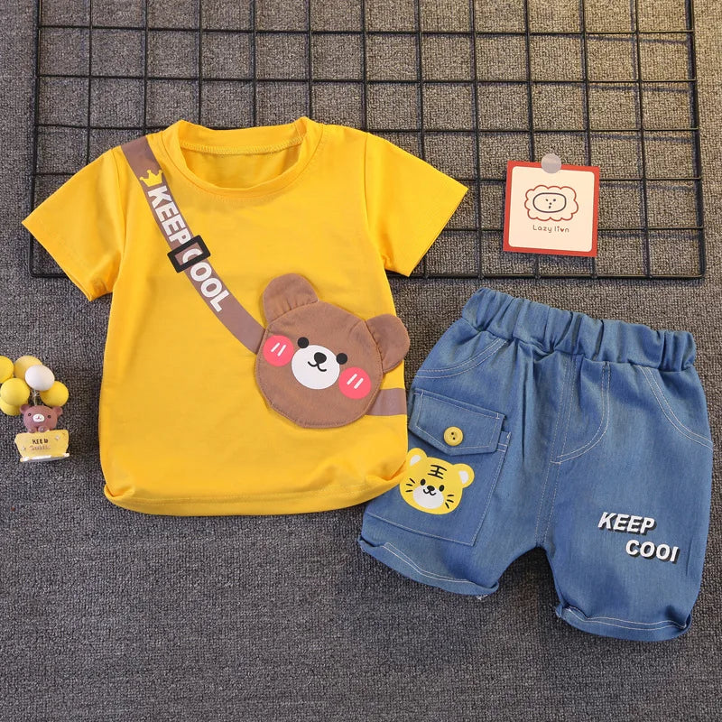 Baby Boys' Summer 2-Piece Set – Cartoon Bear Cotton T-Shirt & Shorts (9M–5T)
