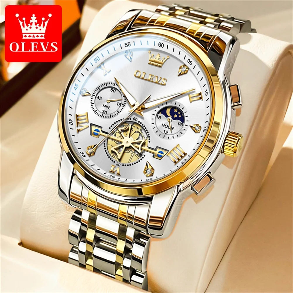 OLEVS 2856 Quartz Watches for Men Fashion Flywheel Design Chronograph Waterproof Luminous Calendar Moon Phase Men's Wristwatches