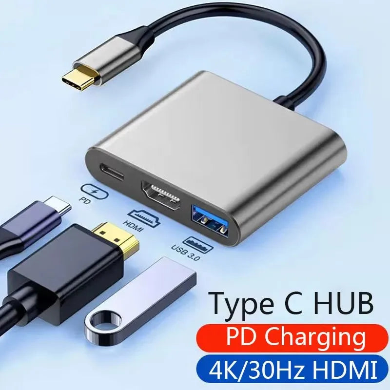 Compact 3-in-1 USB-C Hub with HDMI Adapter USB 3.0 Docking Station MacBook Air Converter for Enhanced Connectivity