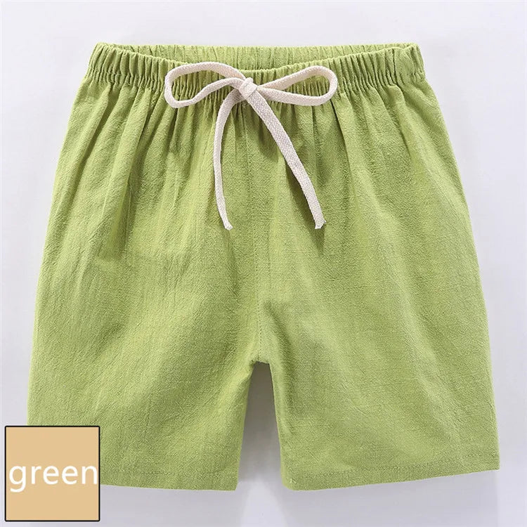 Kids' Beach Shorts – Candy Color Cotton Linen, Breathable Unisex (100–160cm)