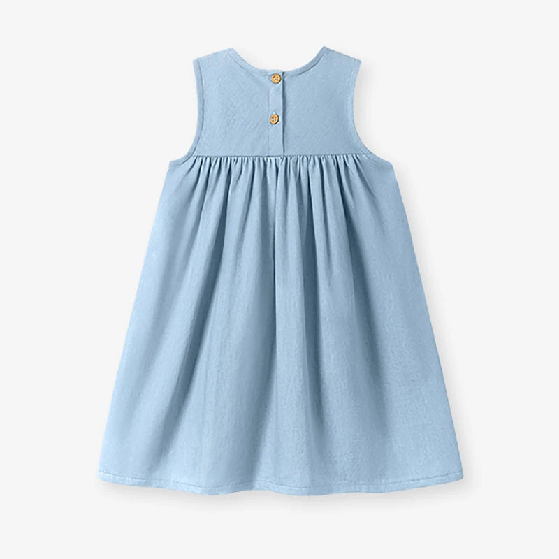 Girls' Cherry Denim Sleeveless Dress – Casual Summer A-Line Dress (2–7Y)