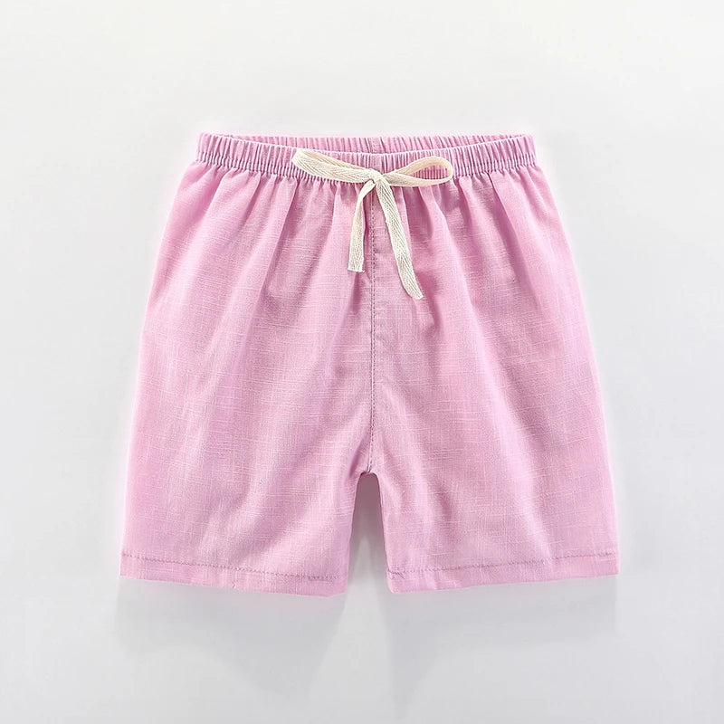Kids' Beach Shorts – Candy Color Cotton Linen, Breathable Unisex (100–160cm)