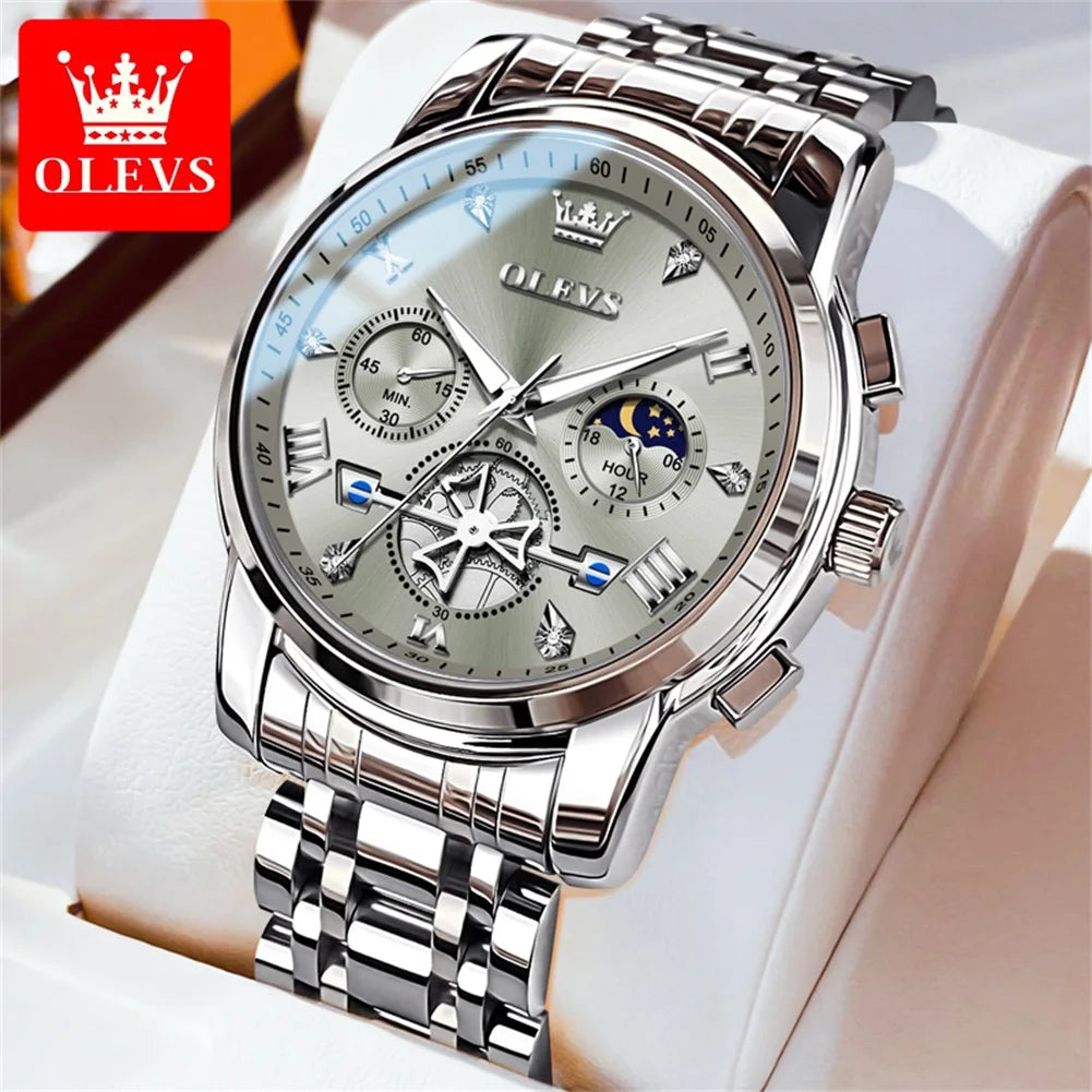 OLEVS 2856 Quartz Watches for Men Fashion Flywheel Design Chronograph Waterproof Luminous Calendar Moon Phase Men's Wristwatches