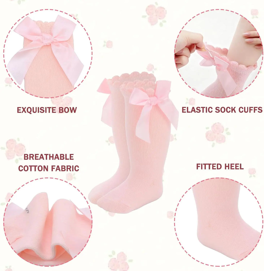 Baby Girl Knee High Socks with Bow Ruffles – Soft Cotton Toddler Stockings