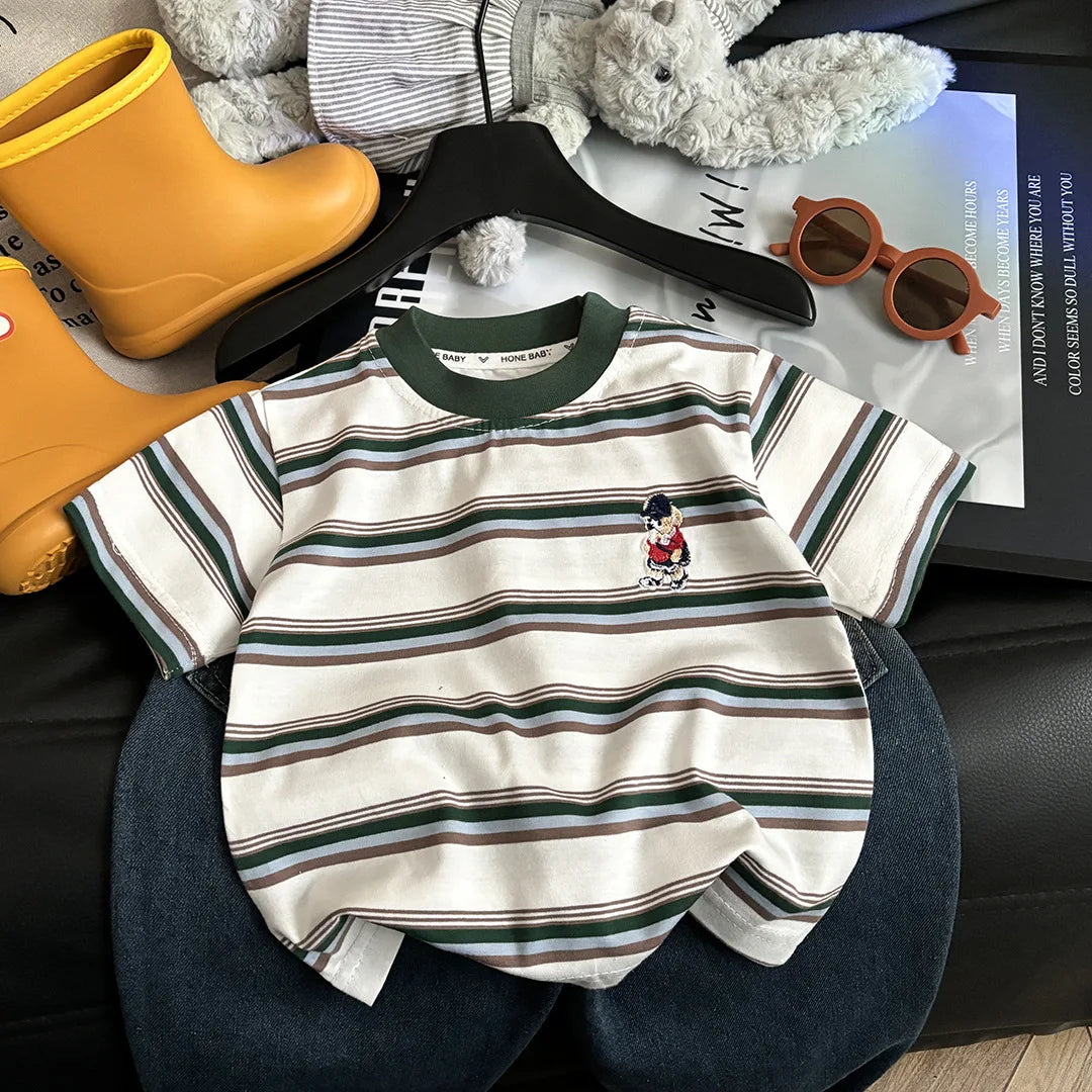 Summer Cotton Children Stripe Short Sleeve T-shirt For Boys and Girls Vintage Fashion Tops