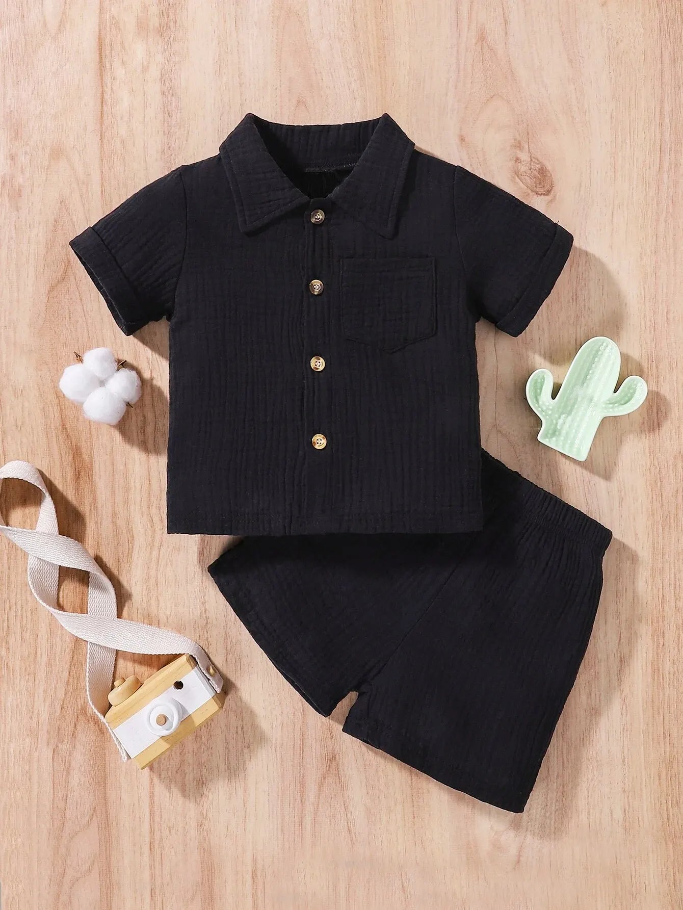 Kids' Cotton Shirt & Shorts Set – Solid Color Unisex Summer 2-Piece (0–3Y)