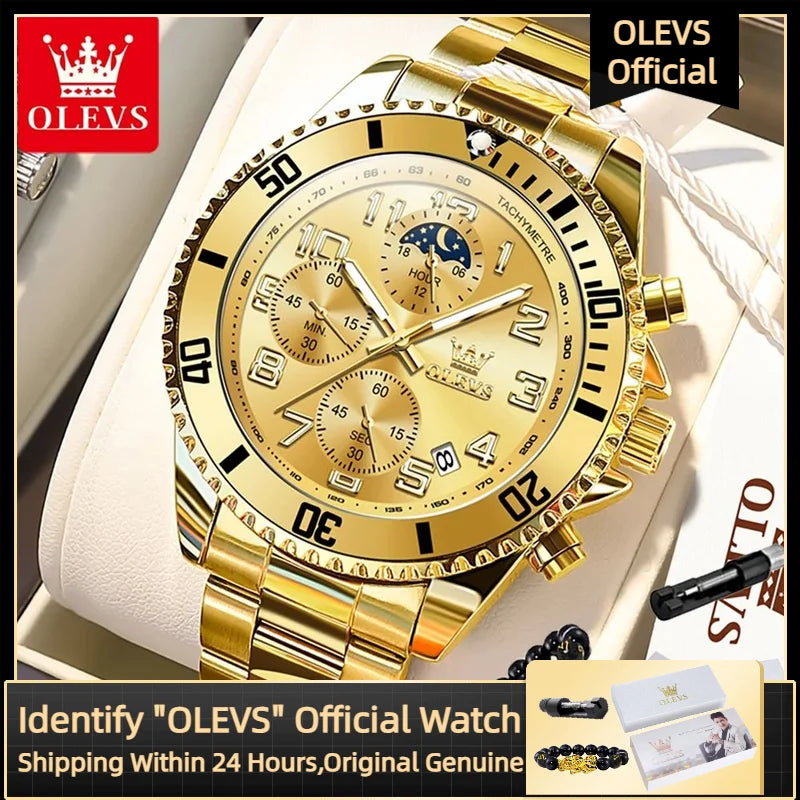 OLEVS 2926 Men's Watch Luxury Brand Gold Waterproof Calendar Moon Phase Chronograph Top Fashion Stainless Steel Men Quartz Watch