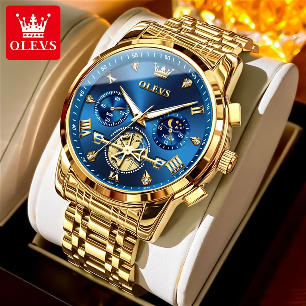 OLEVS 2856 Quartz Watches for Men Fashion Flywheel Design Chronograph Waterproof Luminous Calendar Moon Phase Men's Wristwatches