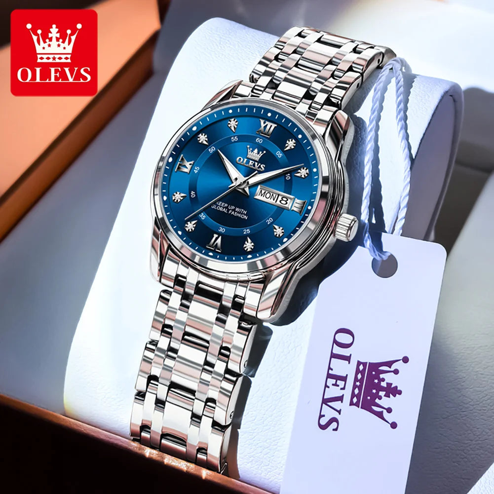OLEVS 5513 Mens Watch Original Fashion Brand Quartz Waterproof Luminous Watch For Man Stainless Steel Dual Calendar Watch Box