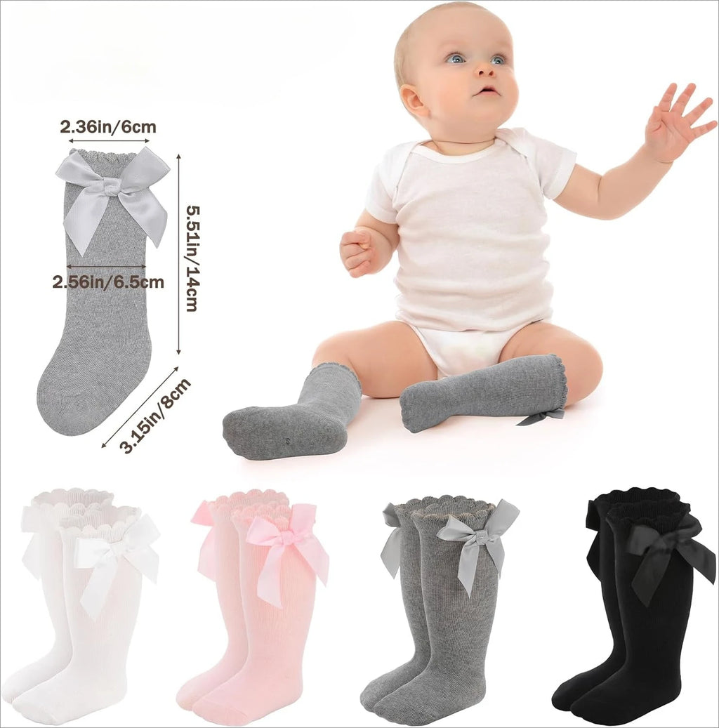 Baby Girl Knee High Socks with Bow Ruffles – Soft Cotton Toddler Stockings