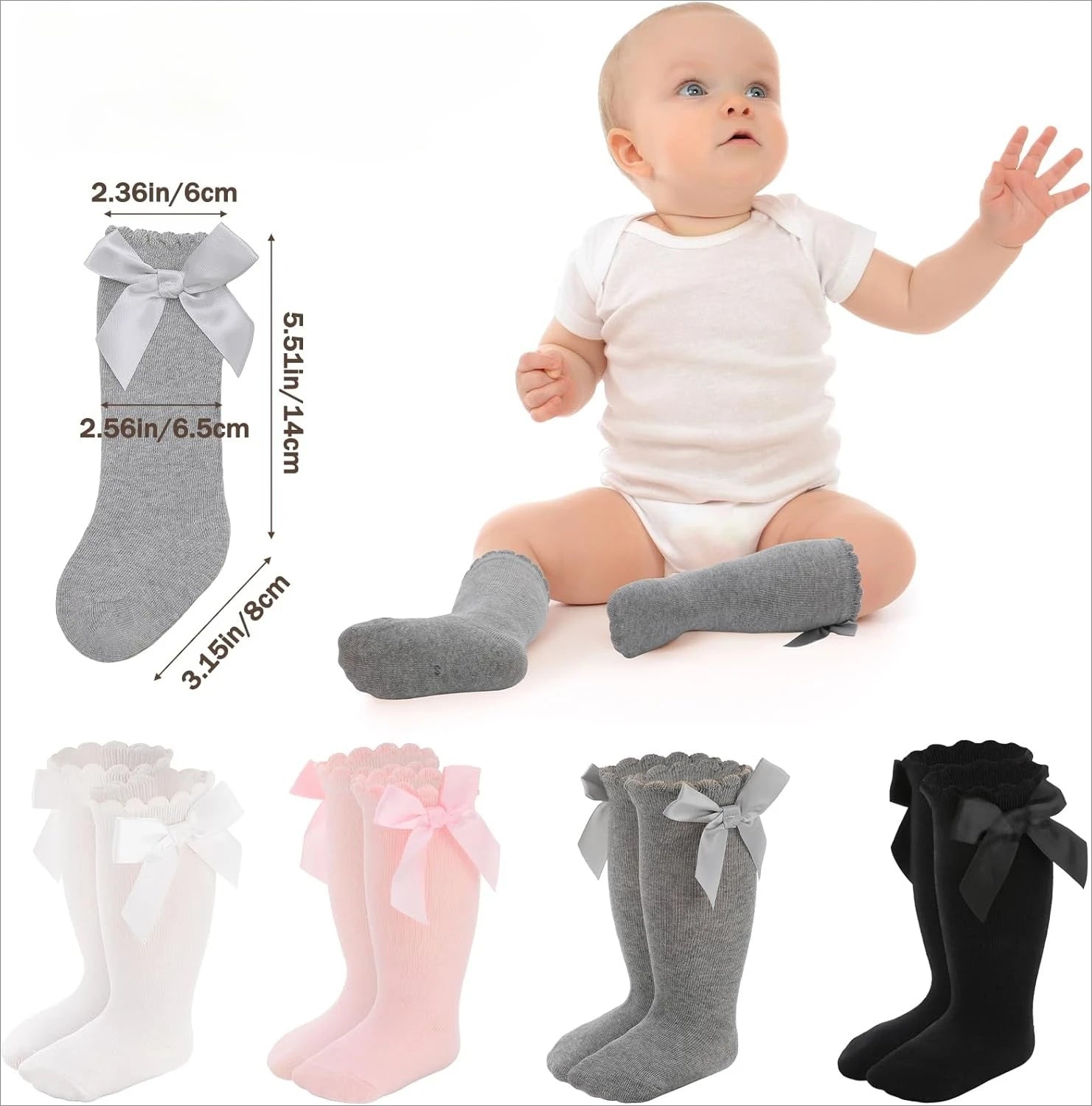 Baby Girl Knee High Socks with Bow Ruffles – Soft Cotton Toddler Stockings