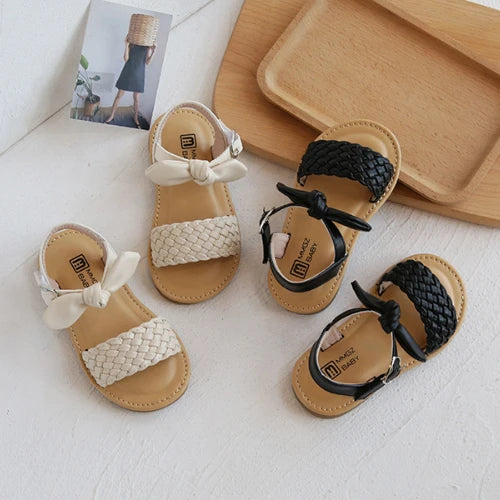 Girls' Bowtie Flat Sandals – Bohemia Style Open Toe Non-Slip Kids Flats (EU 21–30)