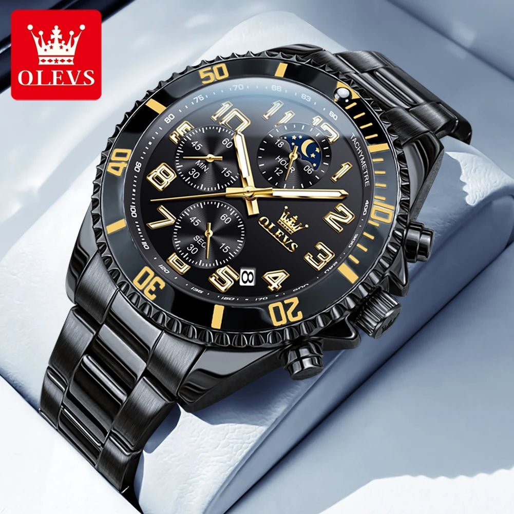OLEVS 2926 Men's Watch Luxury Brand Gold Waterproof Calendar Moon Phase Chronograph Top Fashion Stainless Steel Men Quartz Watch