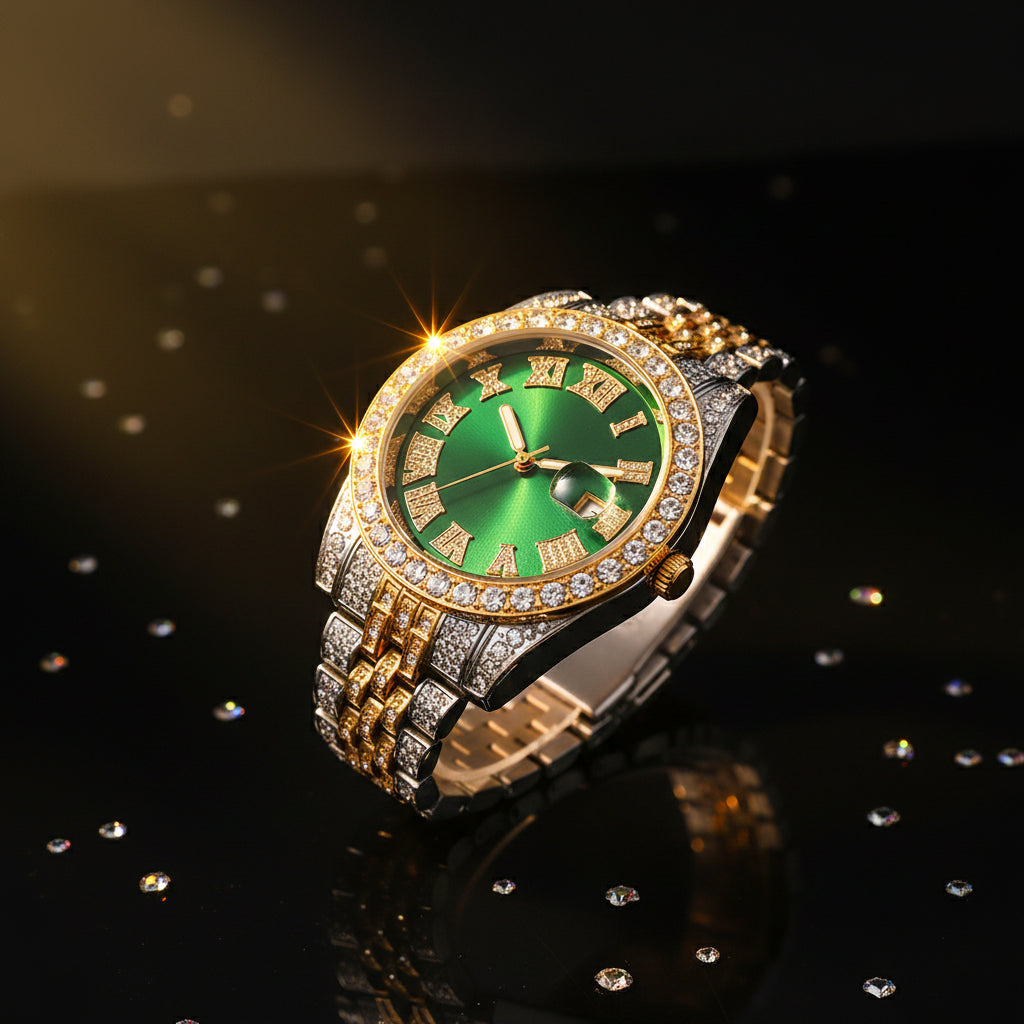 Luxury Hip Hop Stainless Steel Gold Color Calendar Watch For Men Iced Out Paved Rhinestones Men Watch Reloj Hombre