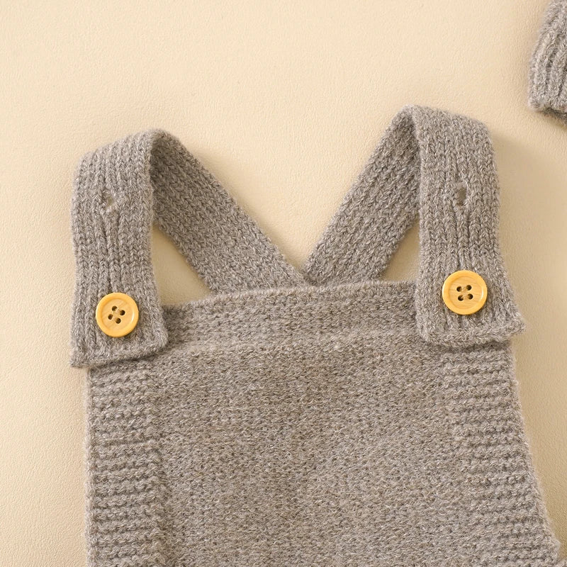 Baby Knit Romper Set with Hat – Sleeveless Solid Jumpsuit, Unisex (0–24M)