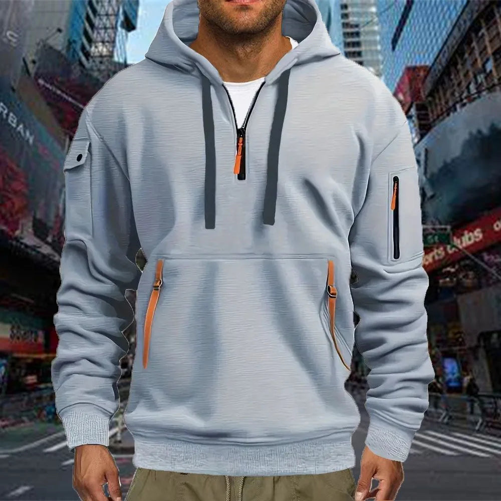 Men’s Casual Sports Hoodie – Solid Color Pullover, Arm Pocket, Plus Size