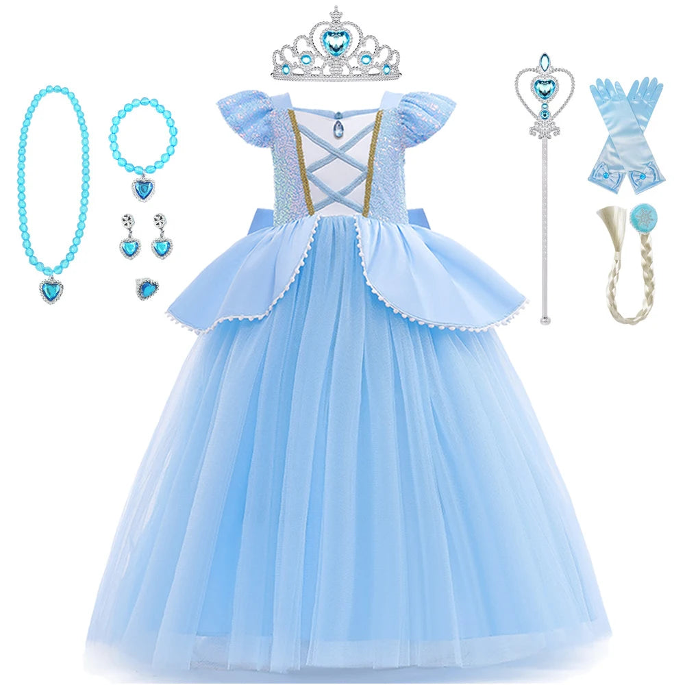 Girls' Cinderella Sequin Princess Dress – Costume with Crown & Gloves (2–10Y)