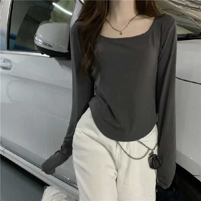 Women’s Elegant Slim T‑Shirt – Irregular Long Sleeve, Thin Section, Short Top