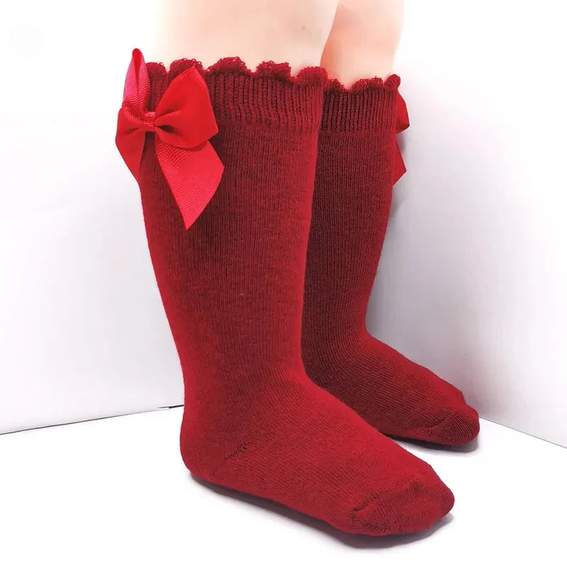 Baby Girl Knee High Socks with Bow Ruffles – Soft Cotton Toddler Stockings
