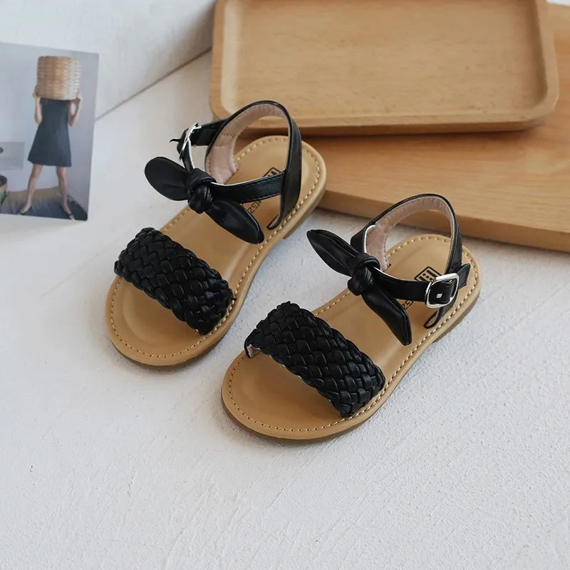 Girls' Bowtie Flat Sandals – Bohemia Style Open Toe Non-Slip Kids Flats (EU 21–30)
