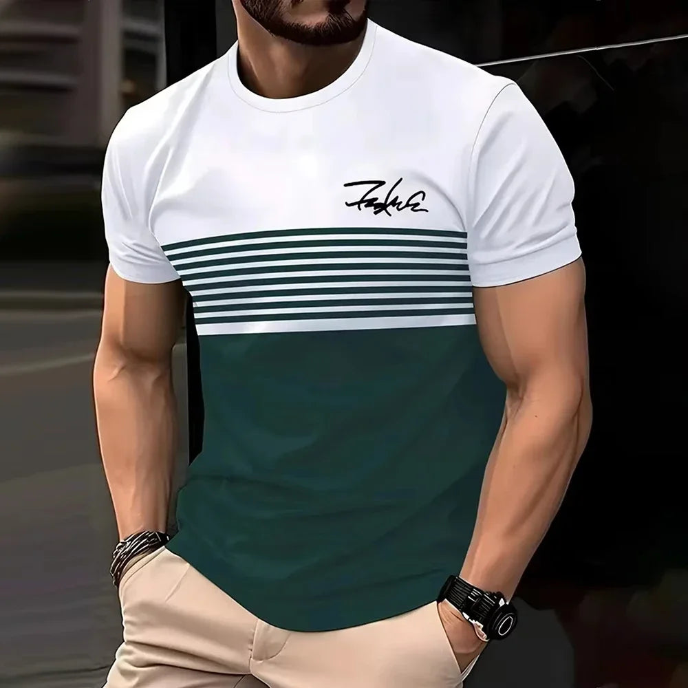 Fashionable striped printed short-sleeved T-shirt 2025 Spring/Summer casual collar crew T-shirt Soft and breathable T-shirt for