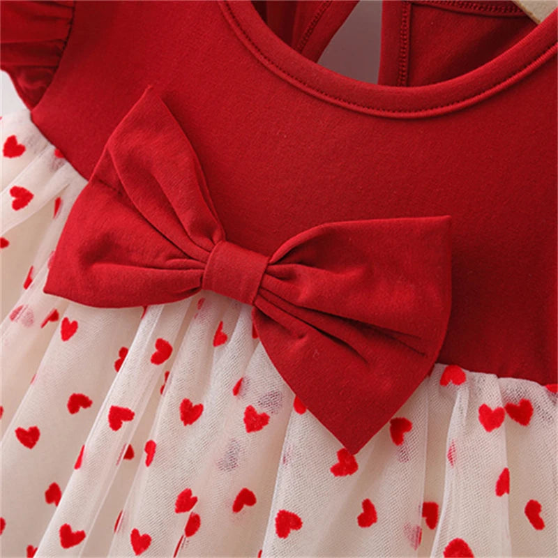 Baby Girl Red Heart Embroidered Tutu Dress – Mesh Bow Birthday Party Dress