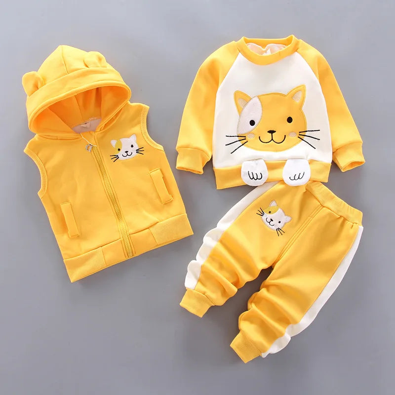 Baby Kids 3-Piece Fleece Outfit – Hooded Coat, Top & Pants Set (12M–4T)