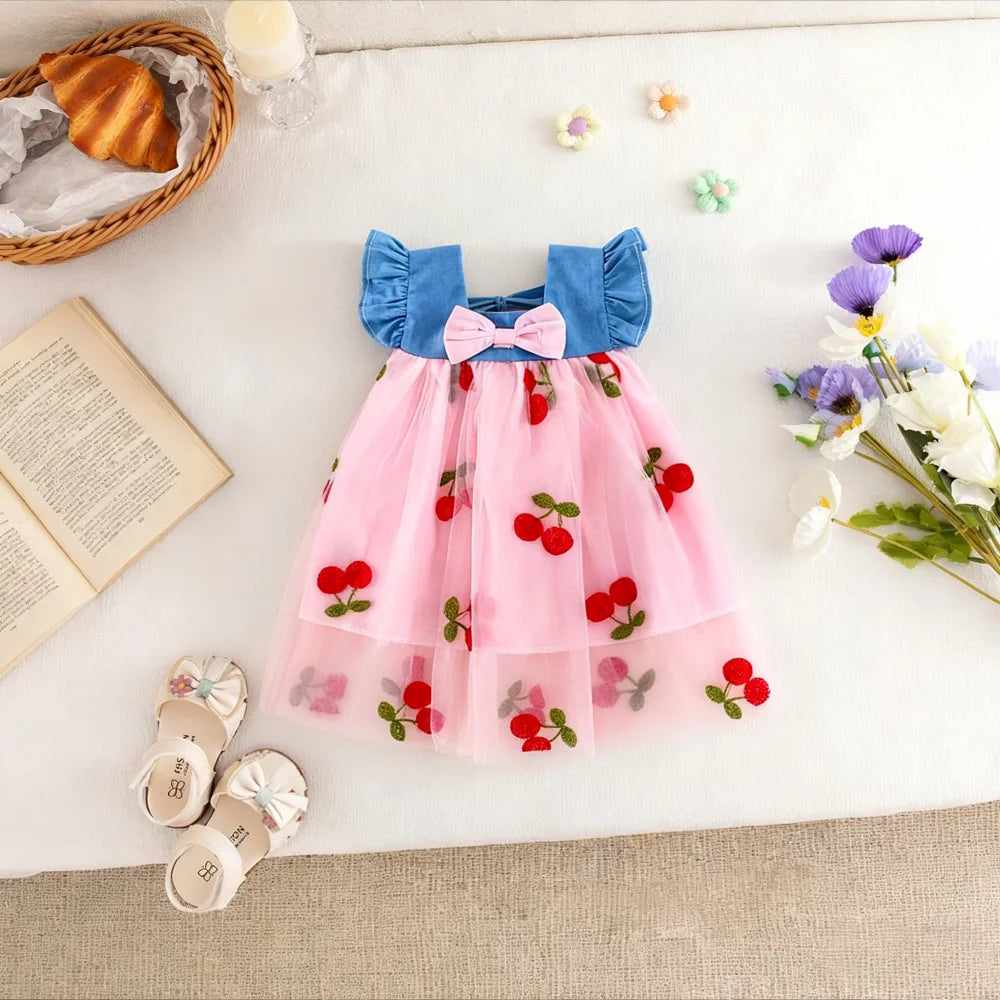 Baby Girl Lace Cherry Dress – Puff Sleeve Flower Girl Wedding Dress