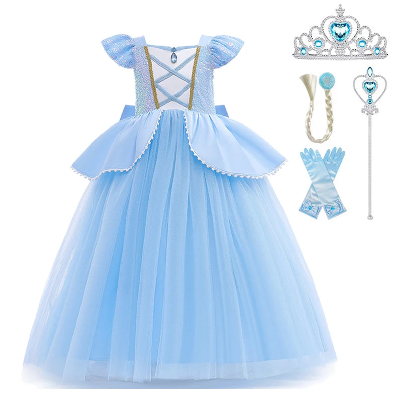 Girls' Cinderella Sequin Princess Dress – Costume with Crown & Gloves (2–10Y)