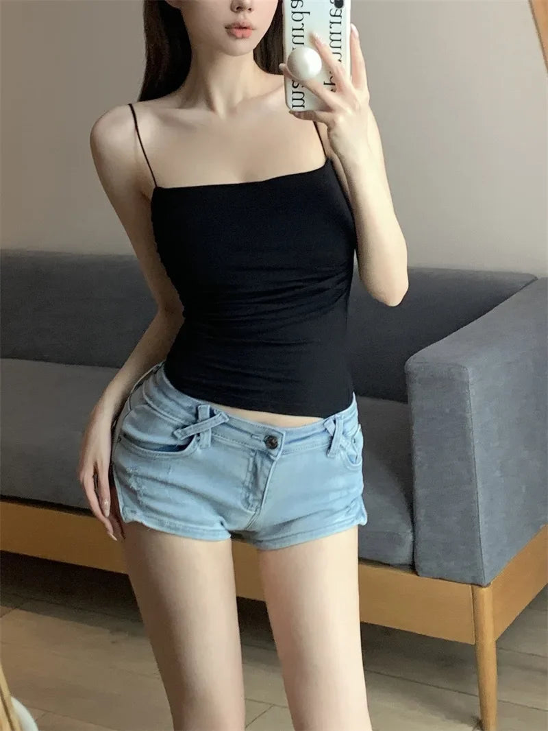 Women's Built-In Bra Halter Tank Top – Korean Style Stretch Cami (Beach & Casual)
