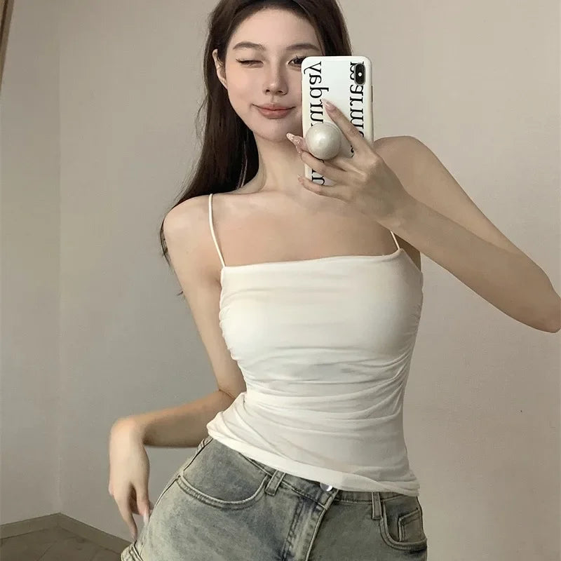 Women's Built-In Bra Halter Tank Top – Korean Style Stretch Cami (Beach & Casual)