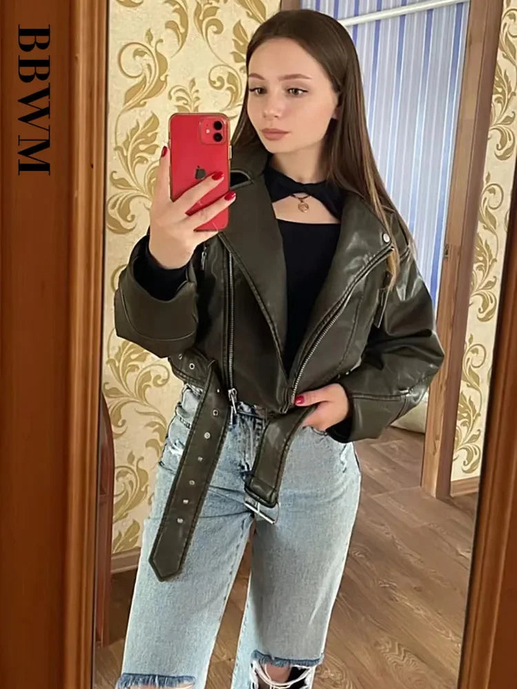 Women’s Oversized PU Leather Jacket – Vintage Loose Fit, Belted Moto Biker Style