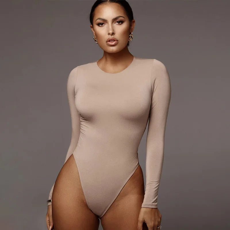 Women’s Bodysuit – O‑Neck, Long Sleeve, Solid Color Casual Top