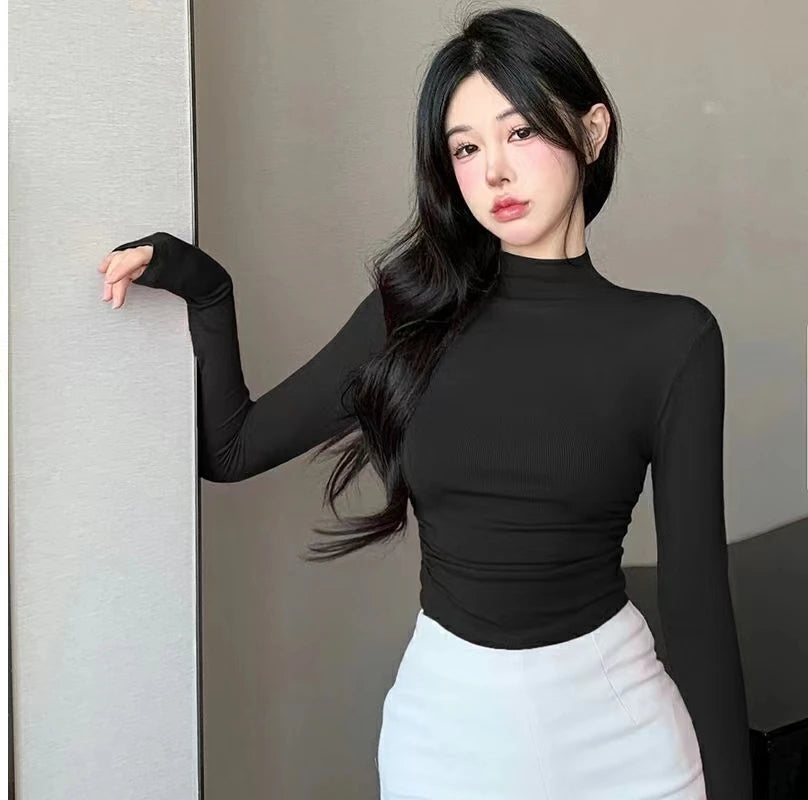 Womens Long Sleeve Turtleneck T Shirts Ribbed Tight Knit Sexy Slim Fitted Casual Women's Basic Crop Tops Cropped T-Shirt