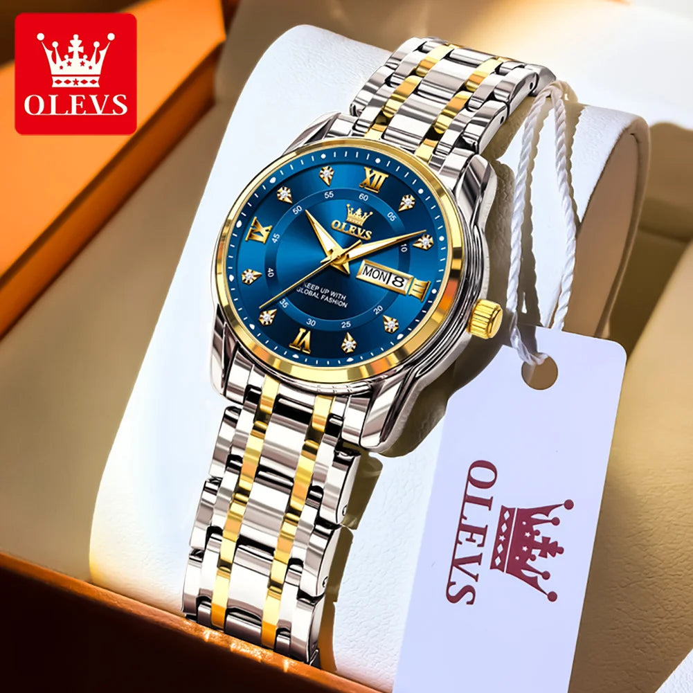 OLEVS 5513 Mens Watch Original Fashion Brand Quartz Waterproof Luminous Watch For Man Stainless Steel Dual Calendar Watch Box