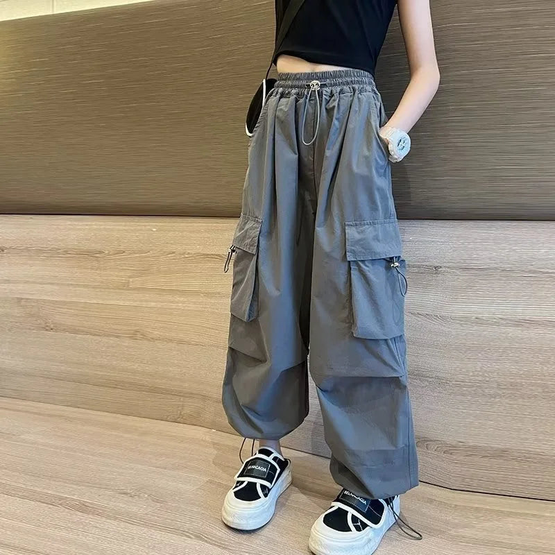 Girls' Cargo Jogger Pants – Loose Straight Streetwear Trousers with Pockets (Ages 5–14)
