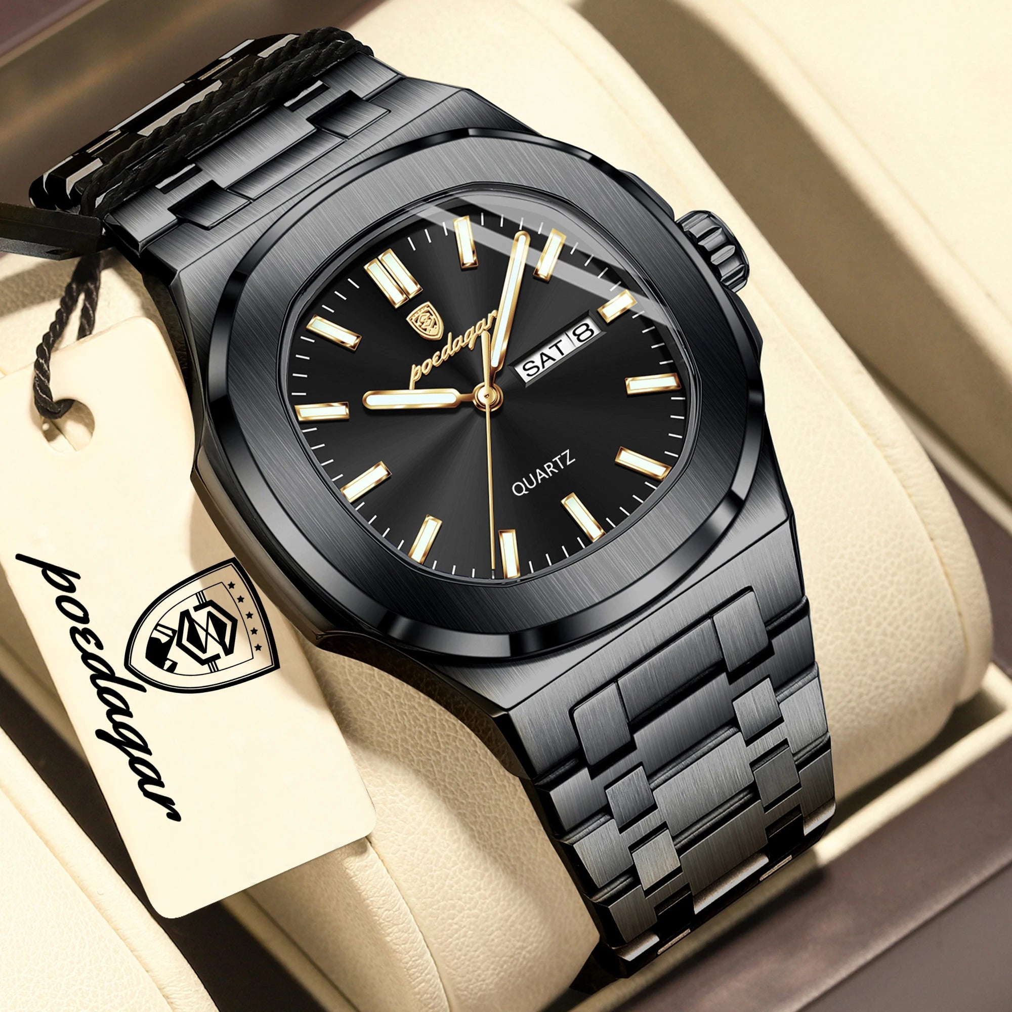 POEDAGAR Square Luxury Men Clock Waterproof Luminous Date Week Quartz Man Wristwatch Stainless Steel Fashion Men's Watches Reloj