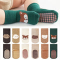Kids' Non-Slip Floor Socks – Cartoon Fox & Bear Print, 6 Pairs (Toddler 1–4Y)