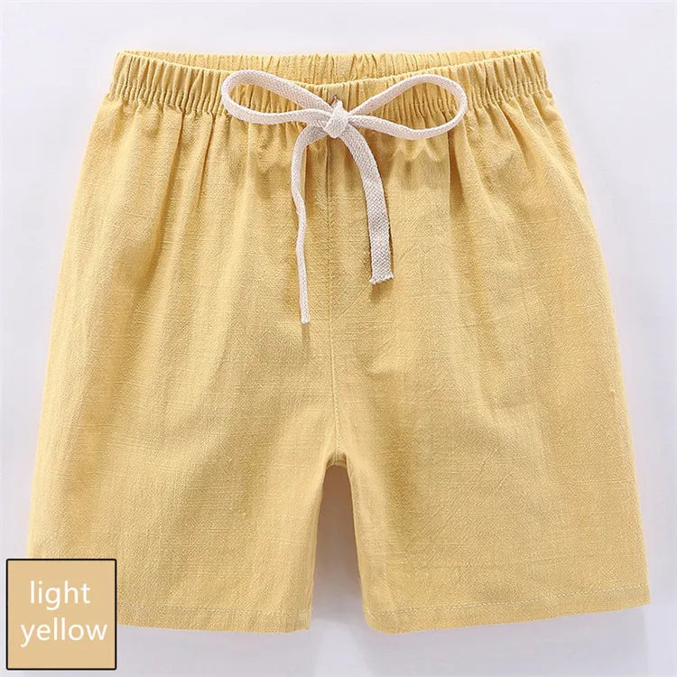 Kids' Beach Shorts – Candy Color Cotton Linen, Breathable Unisex (100–160cm)