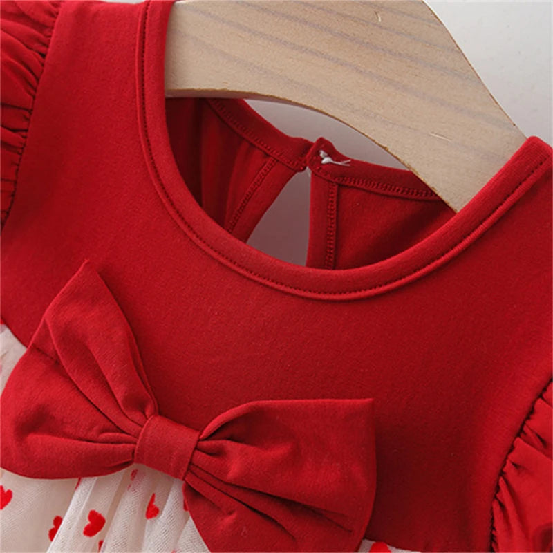 Baby Girl Red Heart Embroidered Tutu Dress – Mesh Bow Birthday Party Dress