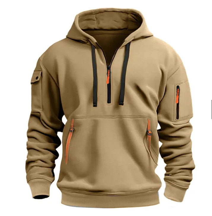 Men’s Casual Sports Hoodie – Solid Color Pullover, Arm Pocket, Plus Size