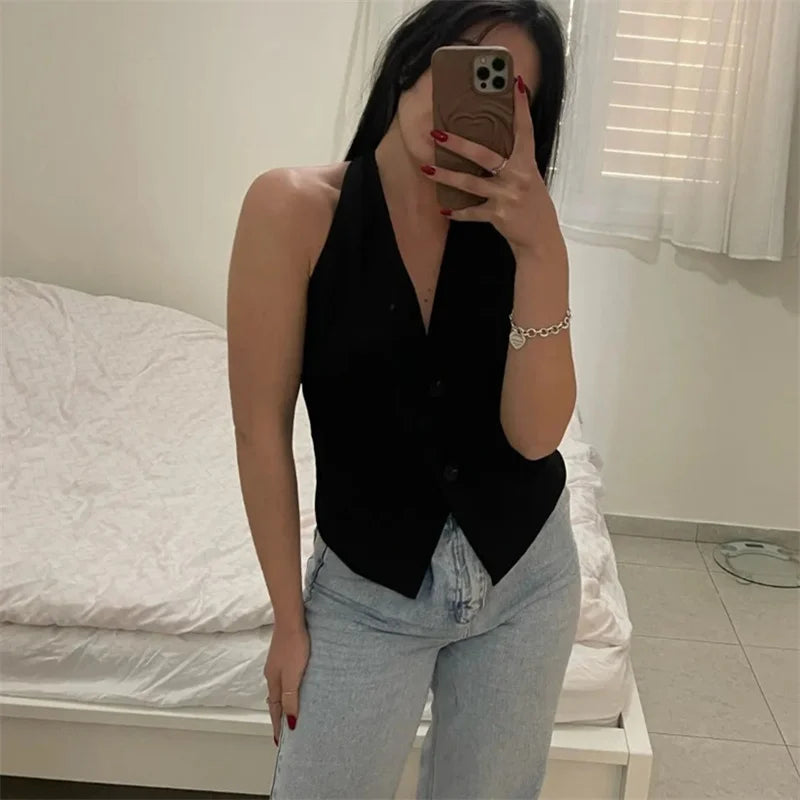 Women’s Crop Vest – Off Shoulder, Sleeveless, V‑Neck, Backless Summer Waistcoat