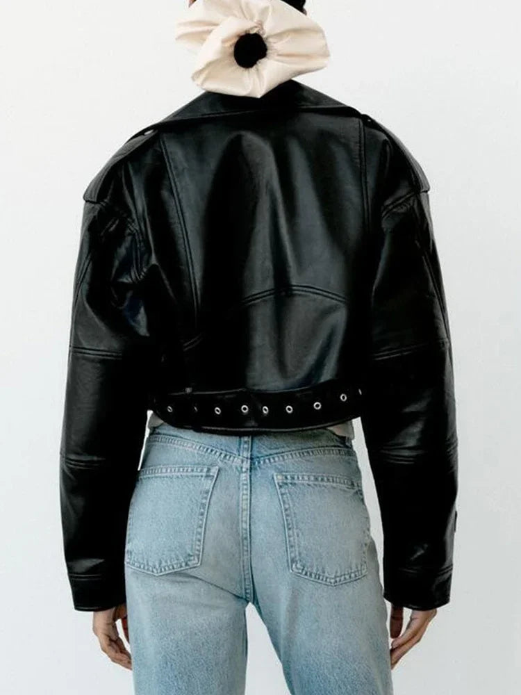 Women’s Oversized PU Leather Jacket – Vintage Loose Fit, Belted Moto Biker Style