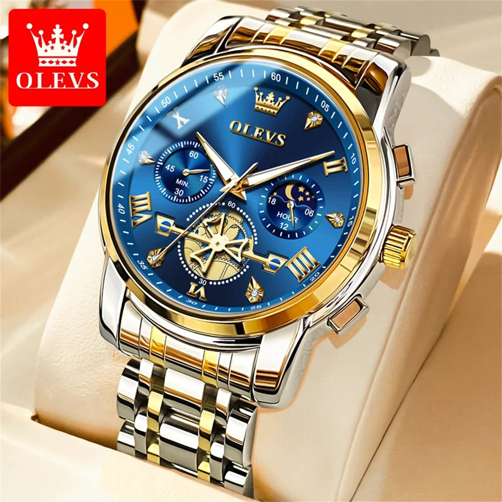 OLEVS 2856 Quartz Watches for Men Fashion Flywheel Design Chronograph Waterproof Luminous Calendar Moon Phase Men's Wristwatches
