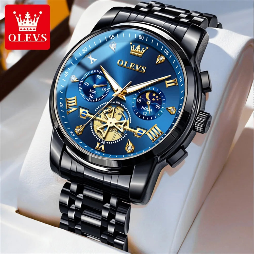 OLEVS 2856 Quartz Watches for Men Fashion Flywheel Design Chronograph Waterproof Luminous Calendar Moon Phase Men's Wristwatches