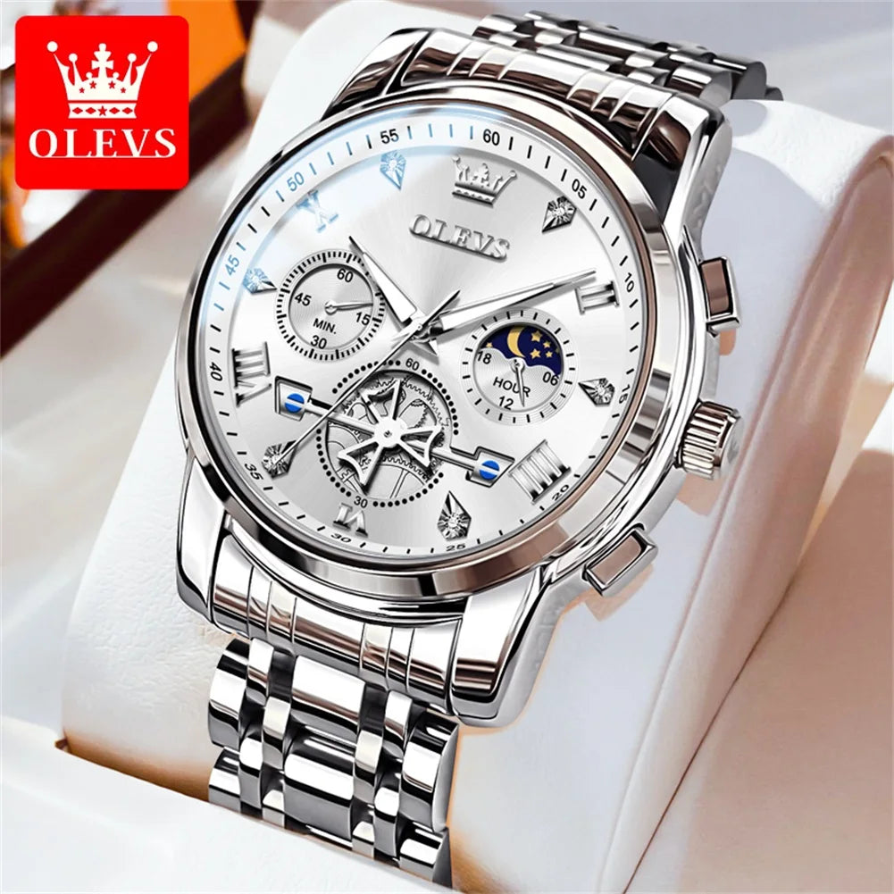 OLEVS 2856 Quartz Watches for Men Fashion Flywheel Design Chronograph Waterproof Luminous Calendar Moon Phase Men's Wristwatches