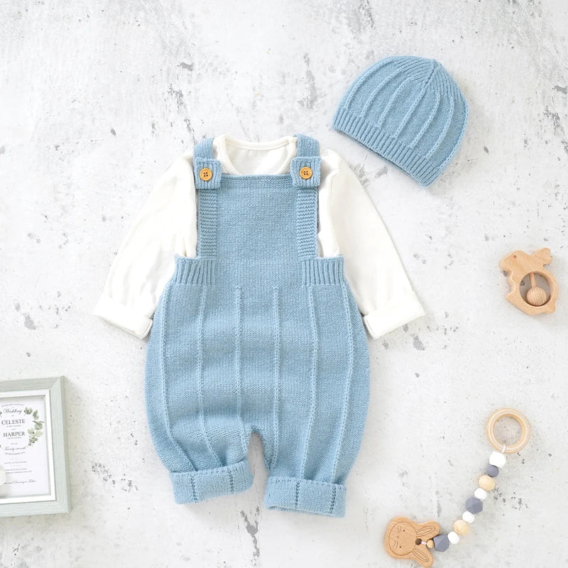 Baby Knit Romper Set with Hat – Sleeveless Solid Jumpsuit, Unisex (0–24M)